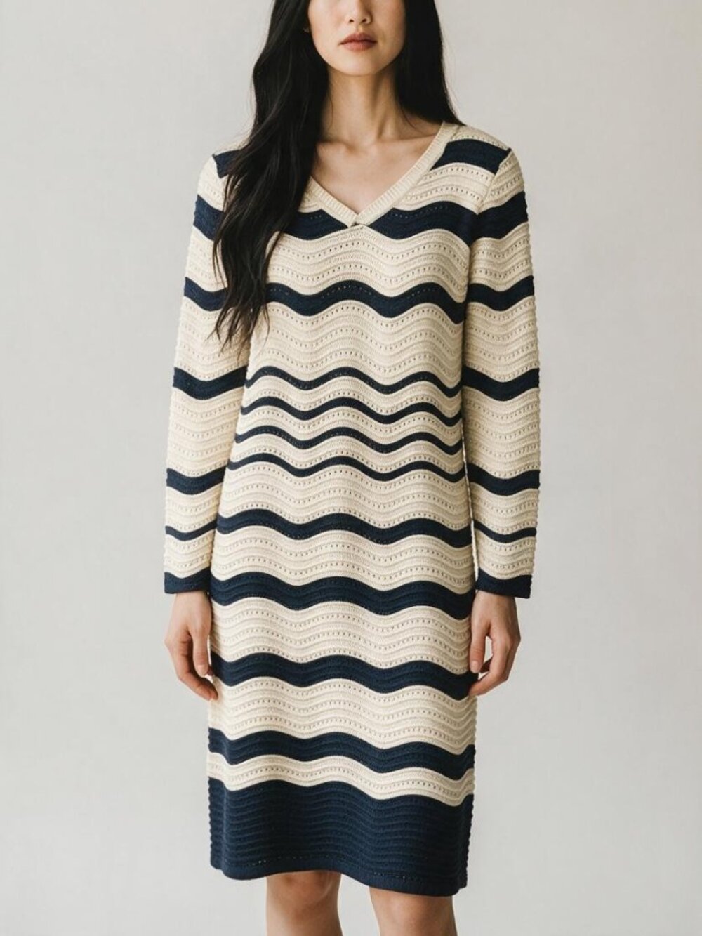 NWT Super Natural by Secret Mission Stripe Crochet Knit Sweater Dress Cream Sz L
